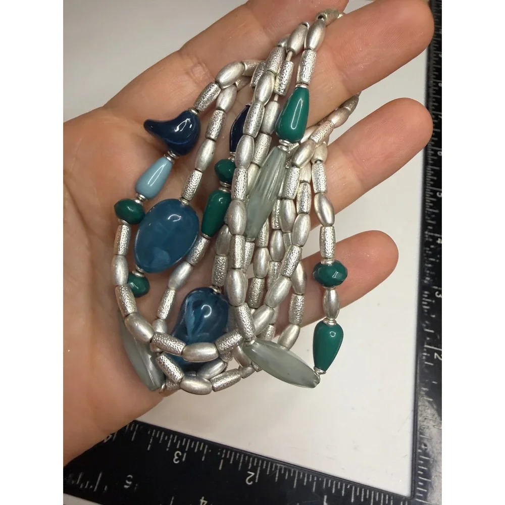 Silver Tone Blue Green Beaded Stretch Bracelet Set 6 Piece Stackable Boho